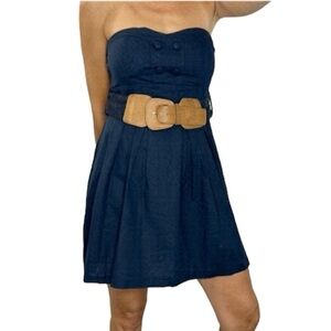 Simons navy blue linen blend belted strapless mini dress M